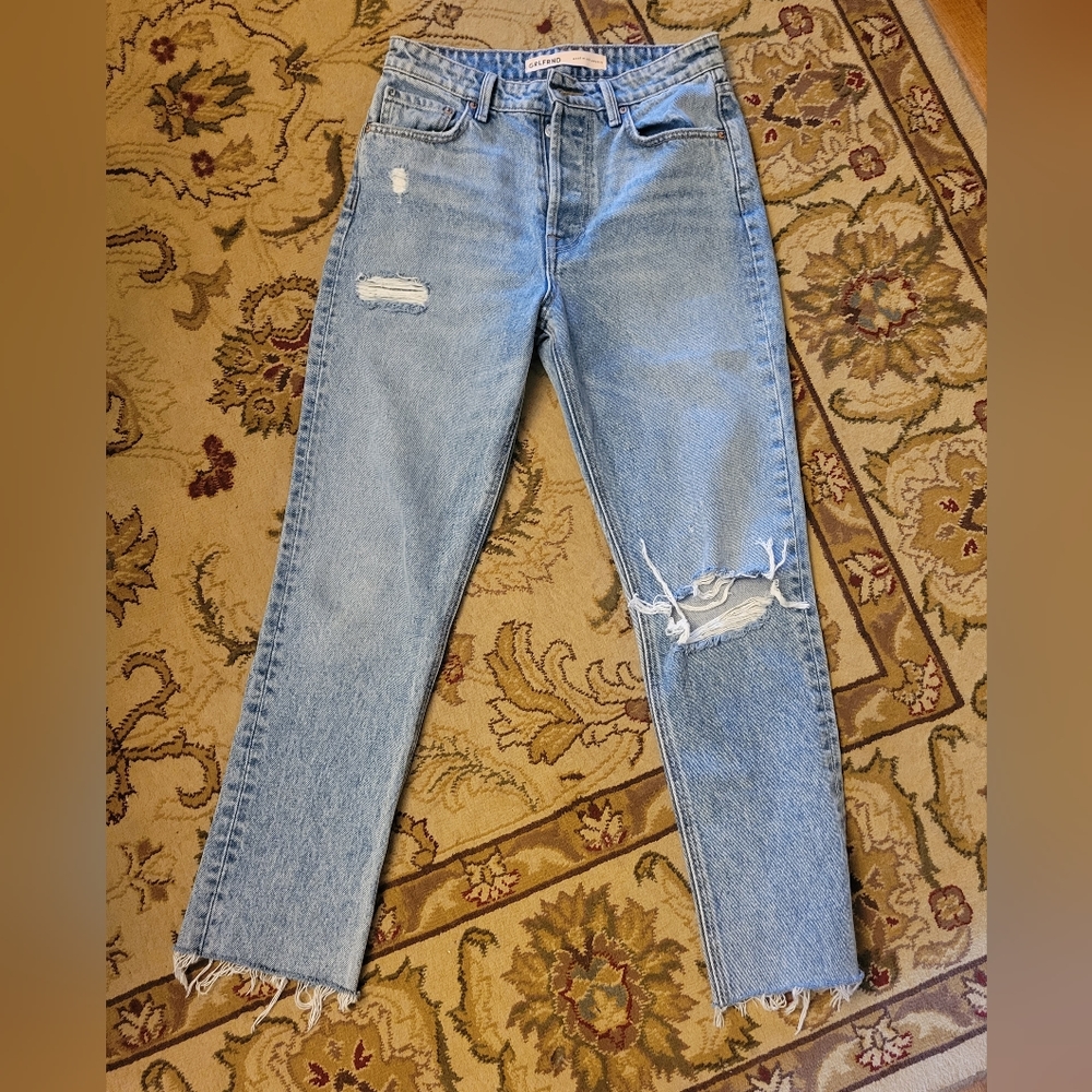 GRLFRND Karolina Hi Rise Straight Crop Jeans, Larchmont W/ Rips Size 25